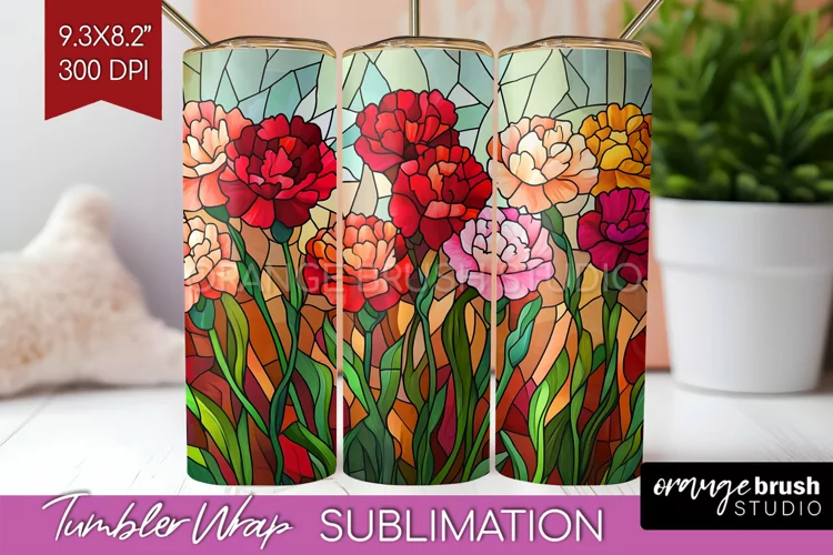 Stained Glass Flowers Tumbler Wrap - Floral Tumbler PNG