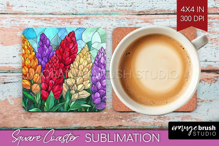 Stained Glass Flowers Square Coaster - Floral Coaster PNG