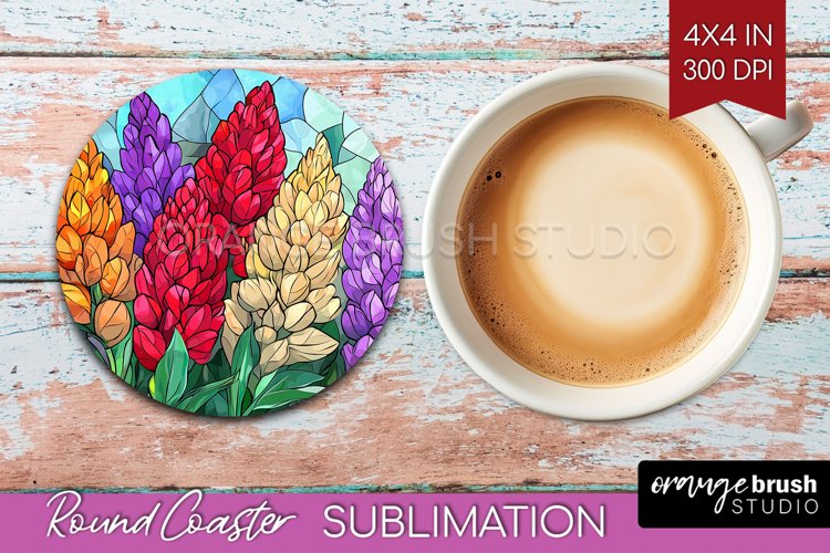 Stained Glass Flowers Round Coaster - Floral Coaster PNG example image 1