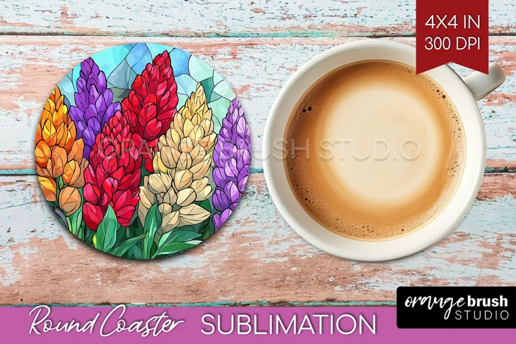 Stained Glass Flowers Round Coaster - Floral Coaster PNG