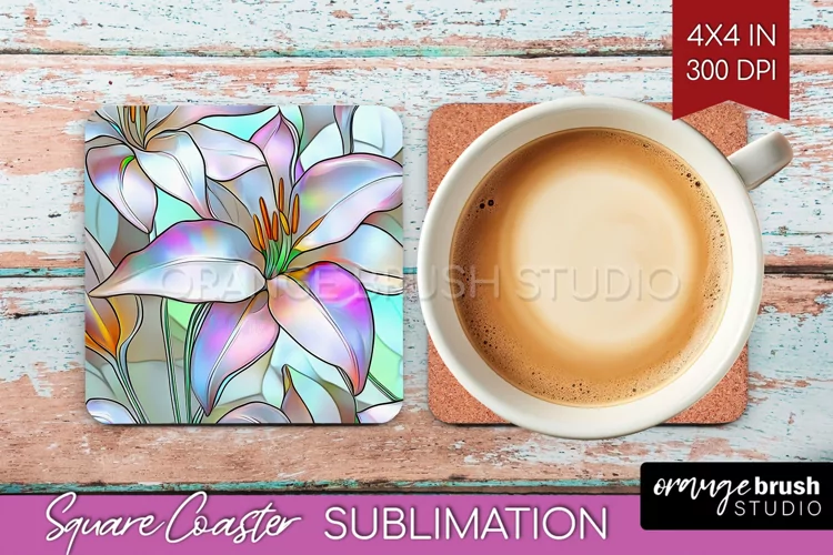 Stained Glass Flowers Square Coaster - Floral Coaster PNG
