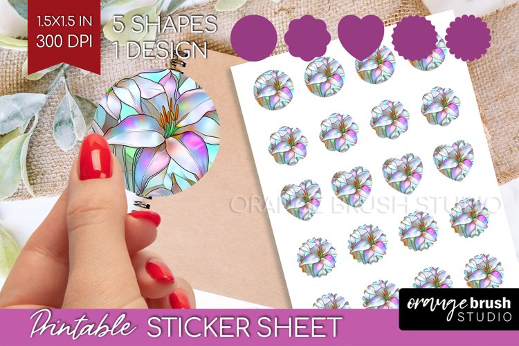Stained Glass Flowers Round Sticker - Floral Printable Sheet example image 1