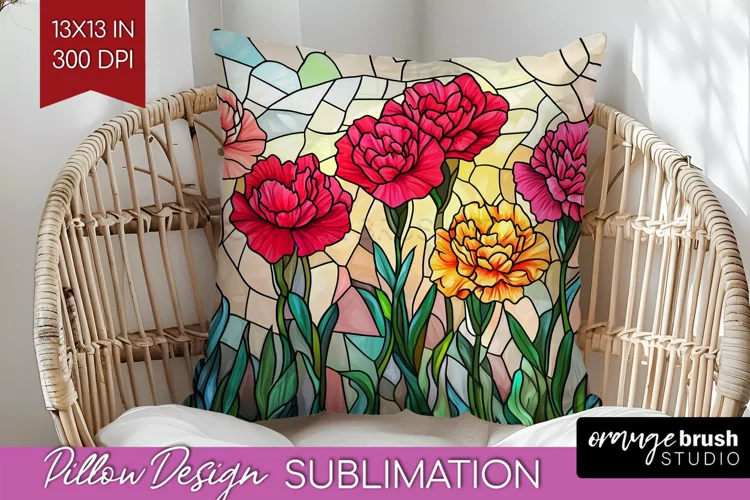 Stained Glass Flowers Pillow Sublimation - Floral Pillow PNG