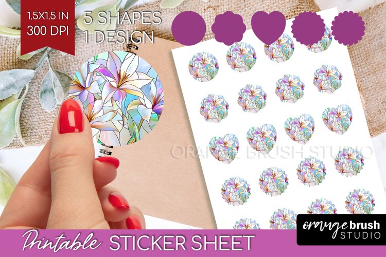 Stained Glass Flowers Round Sticker - Floral Printable Sheet