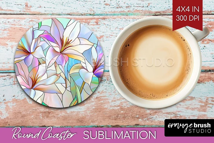 Stained Glass Flowers Round Coaster - Floral Coaster PNG
