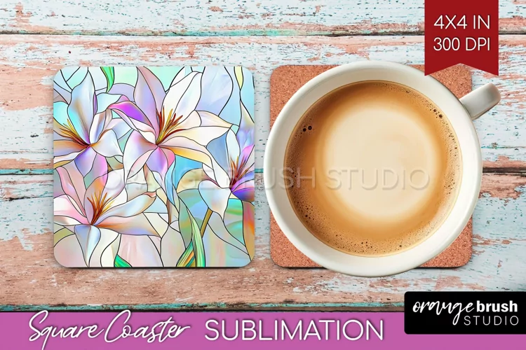 Stained Glass Flowers Square Coaster - Floral Coaster PNG