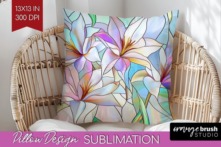 Stained Glass Flowers Pillow Sublimation - Floral Pillow PNG example image 1