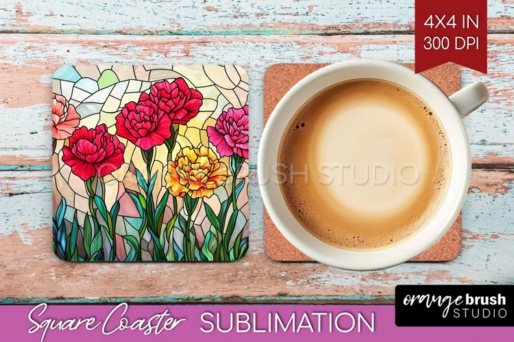 Stained Glass Flowers Square Coaster - Floral Coaster PNG