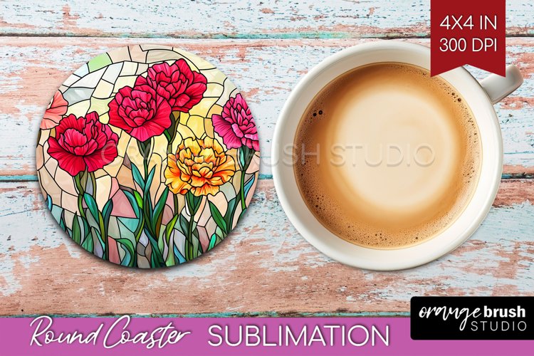 Stained Glass Flowers Round Coaster - Floral Coaster PNG example image 1