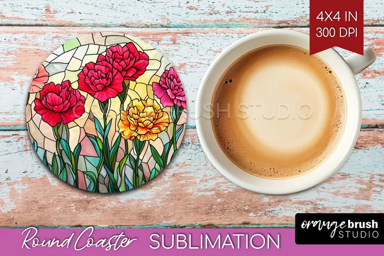Stained Glass Flowers Round Coaster - Floral Coaster PNG