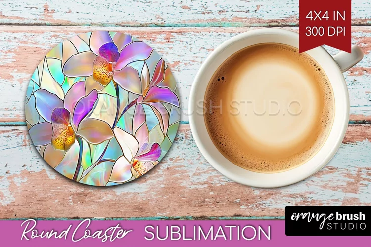 Stained Glass Flowers Round Coaster - Floral Coaster PNG