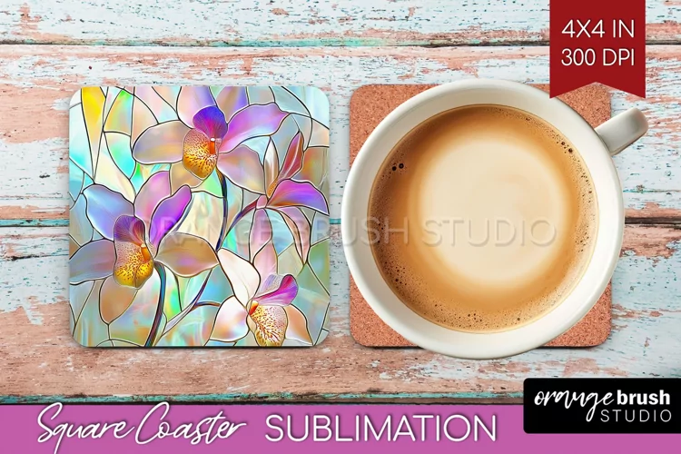Stained Glass Flowers Square Coaster - Floral Coaster PNG