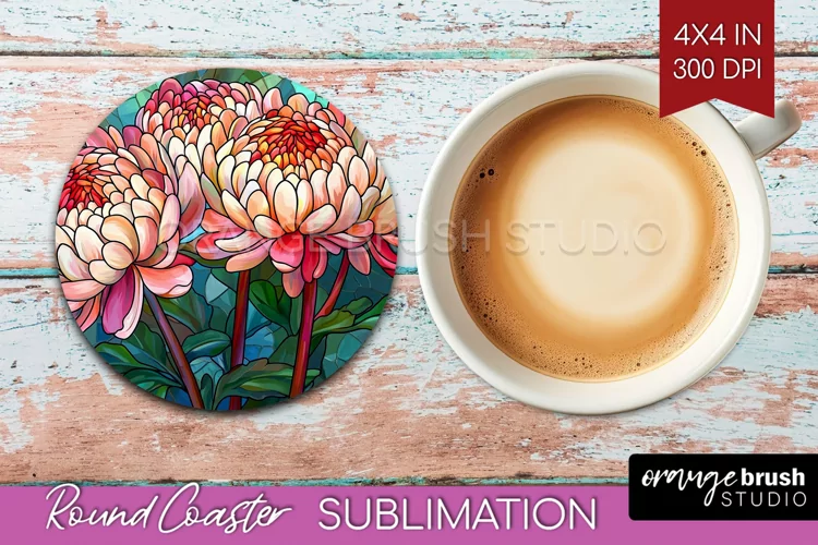 Stained Glass Flowers Round Coaster - Floral Coaster PNG
