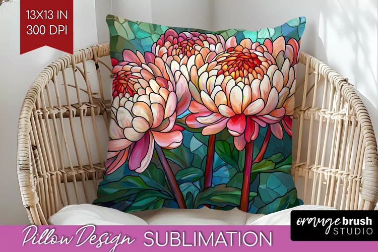 Stained Glass Flowers Pillow Sublimation - Floral Pillow PNG