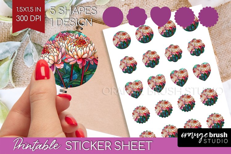 Stained Glass Flowers Round Sticker - Floral Printable Sheet