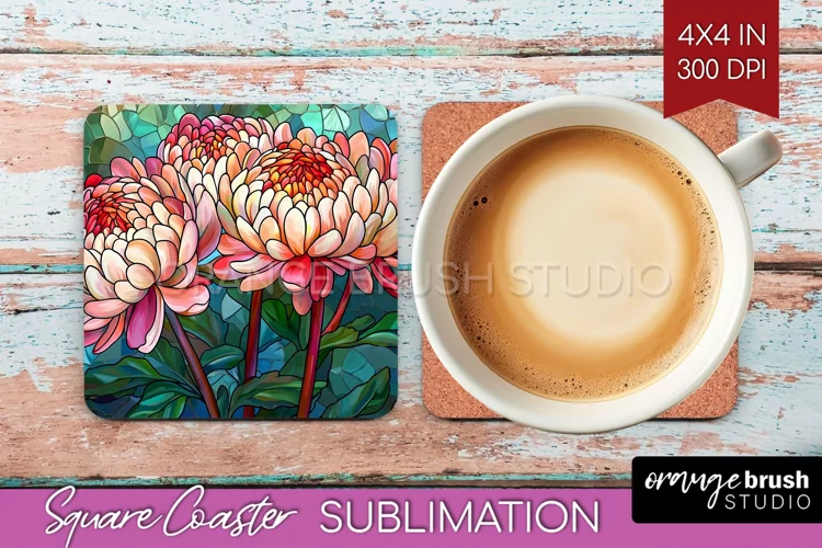 Stained Glass Flowers Square Coaster - Floral Coaster PNG