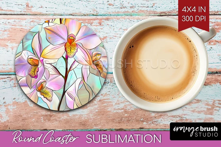Stained Glass Flowers Round Coaster - Floral Coaster PNG