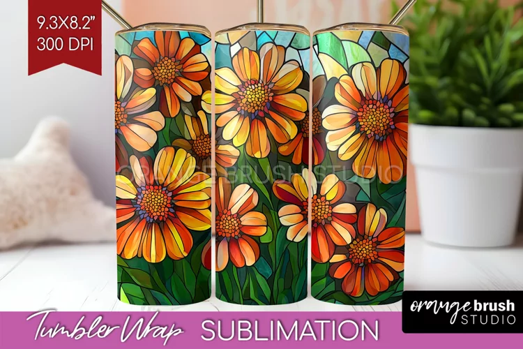 Stained Glass Flowers Tumbler Wrap - Floral Tumbler PNG