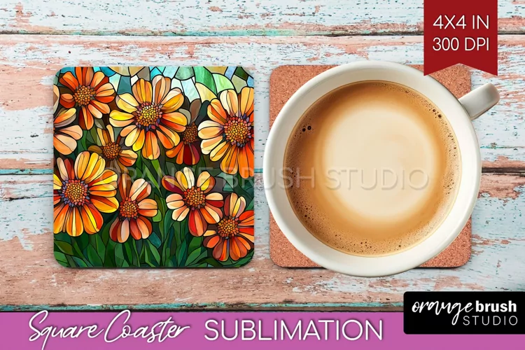 Stained Glass Flowers Square Coaster - Floral Coaster PNG