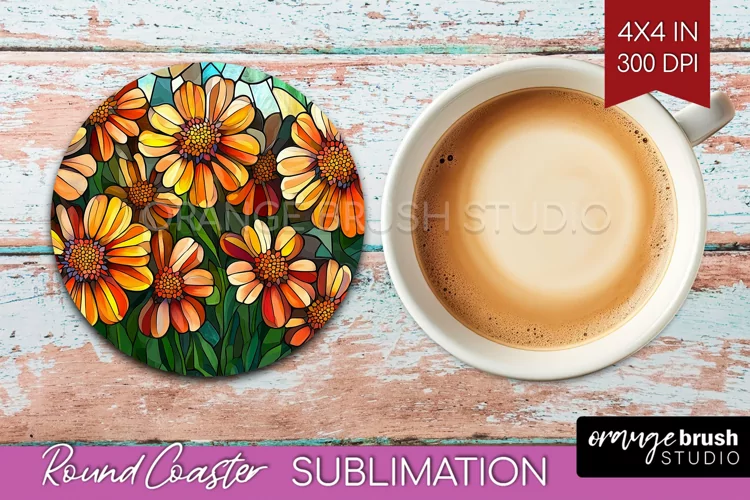 Stained Glass Flowers Round Coaster - Floral Coaster PNG