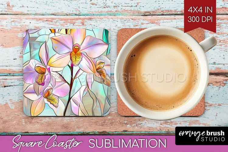 Stained Glass Flowers Square Coaster - Floral Coaster PNG