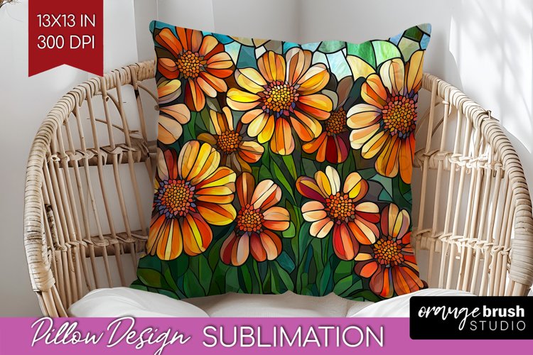 Stained Glass Flowers Pillow Sublimation - Floral Pillow PNG example image 1