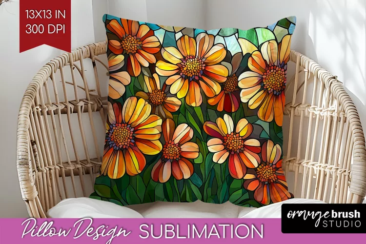 Stained Glass Flowers Pillow Sublimation - Floral Pillow PNG