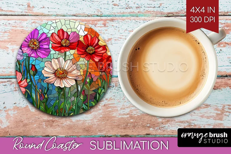 Stained Glass Flowers Round Coaster - Floral Coaster PNG