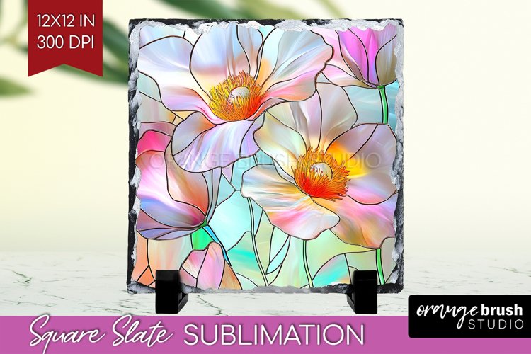 Stained Glass Flowers Slate PNG - Floral Square Slate