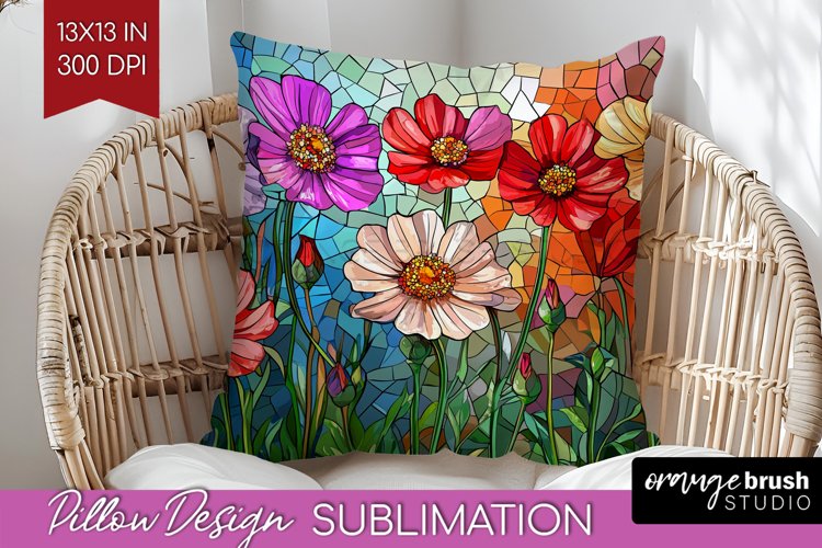 Stained Glass Flowers Pillow Sublimation - Floral Pillow PNG example image 1