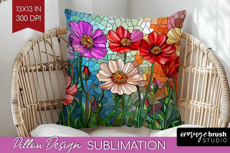 Stained Glass Flowers Pillow Sublimation - Floral Pillow PNG