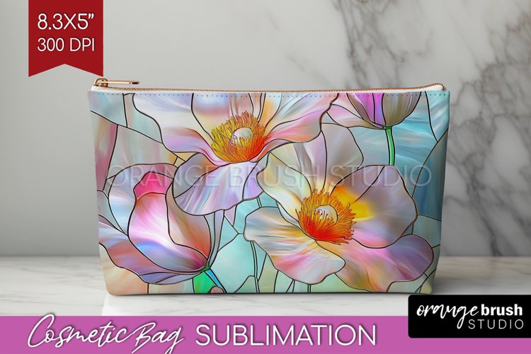 Stained Glass Flowers Cosmetic Bag - Floral Makeup Bag PNG
