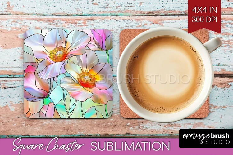Stained Glass Flowers Square Coaster - Floral Coaster PNG