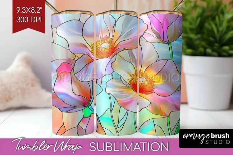 Stained Glass Flowers Tumbler Wrap - Floral Tumbler PNG