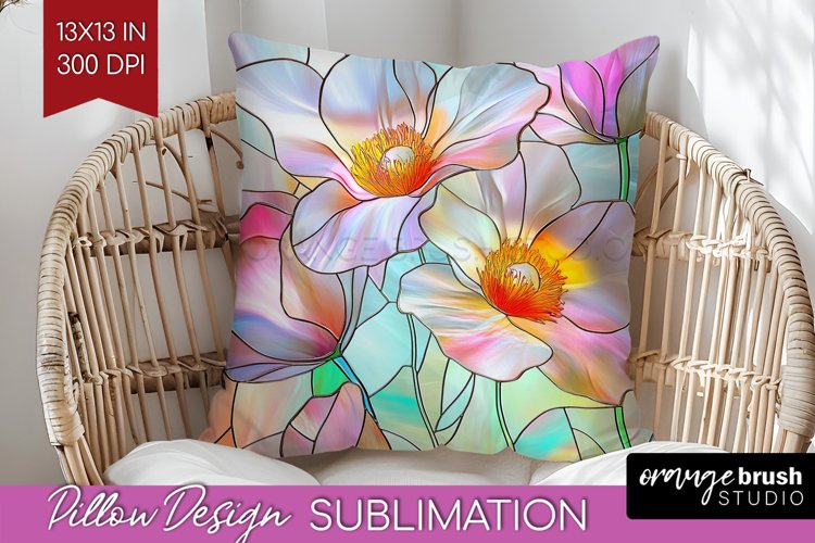 Stained Glass Flowers Pillow Sublimation - Floral Pillow PNG example image 1