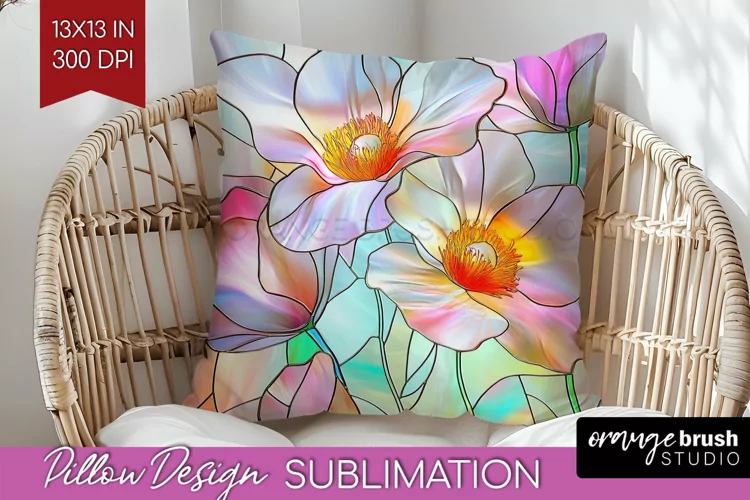 Stained Glass Flowers Pillow Sublimation - Floral Pillow PNG