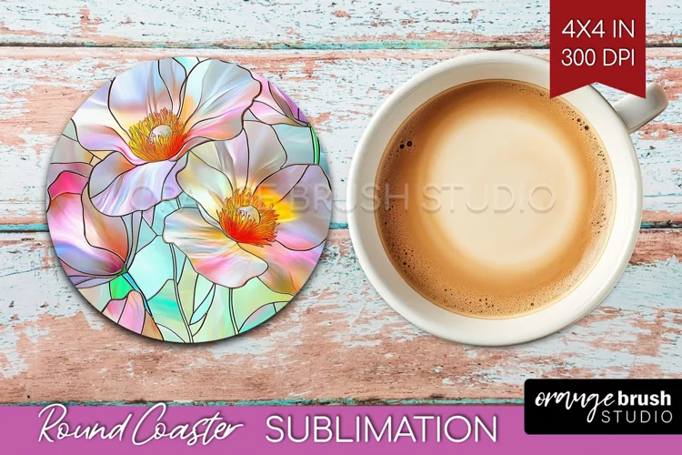 Stained Glass Flowers Round Coaster - Floral Coaster PNG