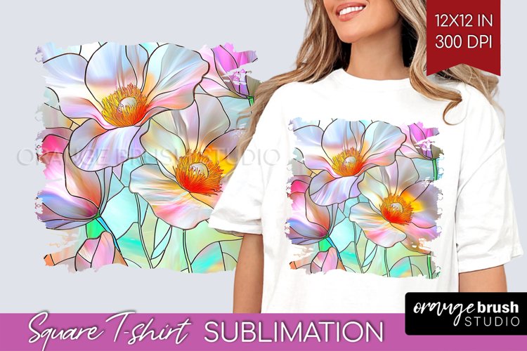 Stained Glass Flowers Square Tshirt Background - Floral PNG