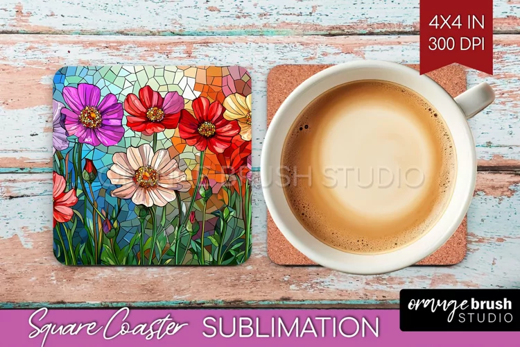 Stained Glass Flowers Square Coaster - Floral Coaster PNG