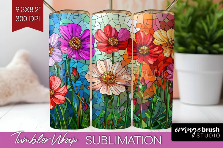 Stained Glass Flowers Tumbler Wrap - Floral Tumbler PNG