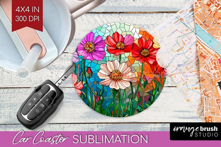 Stained Glass Flowers Car Coaster - Floral Coaster PNG
