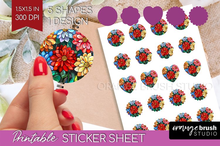 Stained Glass Flowers Round Sticker - Floral Printable Sheet example image 1