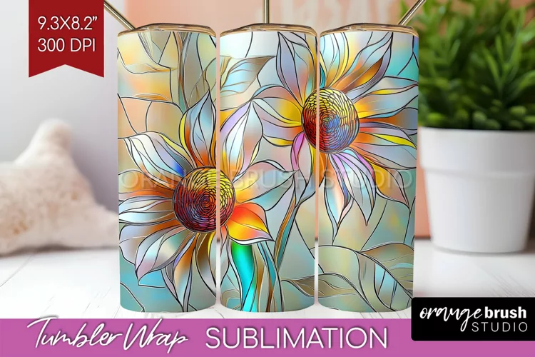 Stained Glass Flowers Tumbler Wrap - Floral Tumbler PNG