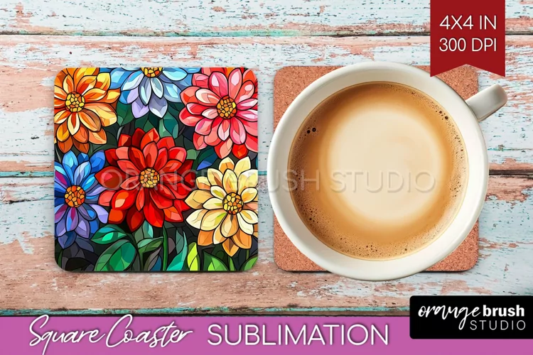 Stained Glass Flowers Square Coaster - Floral Coaster PNG