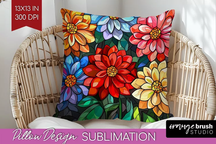 Stained Glass Flowers Pillow Sublimation - Floral Pillow PNG