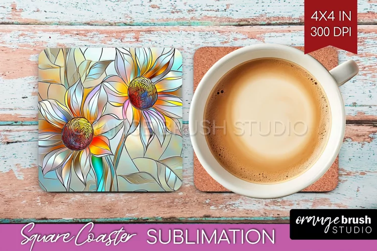 Stained Glass Flowers Square Coaster - Floral Coaster PNG