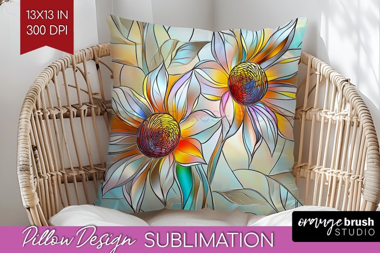 Stained Glass Flowers Pillow Sublimation - Floral Pillow PNG example image 1