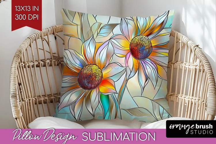 Stained Glass Flowers Pillow Sublimation - Floral Pillow PNG
