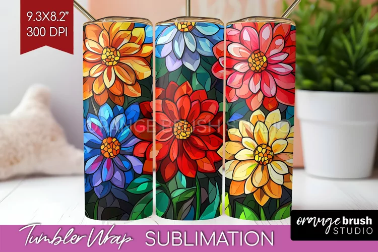 Stained Glass Flowers Tumbler Wrap - Floral Tumbler PNG