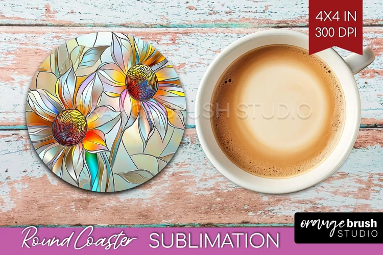 Stained Glass Flowers Round Coaster - Floral Coaster PNG